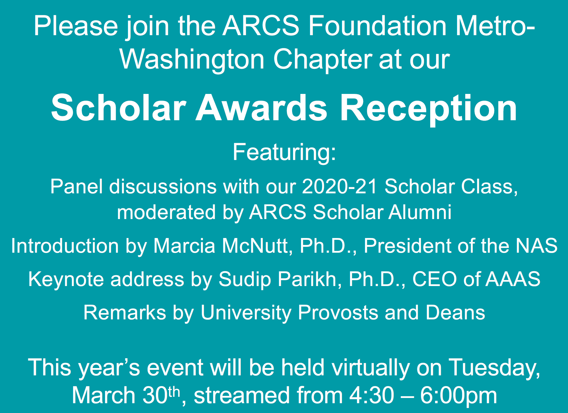 Join us March 30, 2021 for our Scholar Award Reception ARCS-MWC 2021 Scholar Award Reception