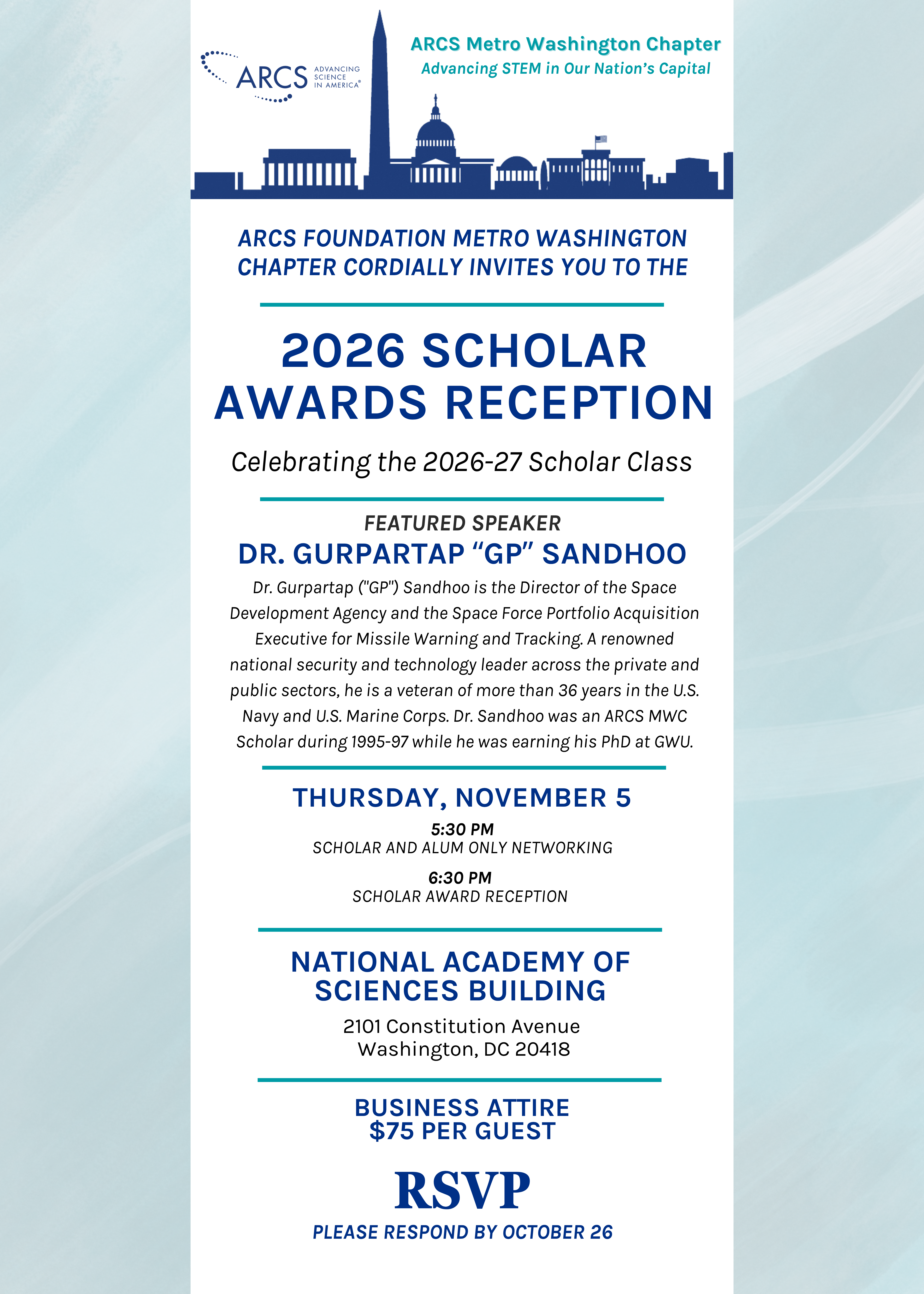 ARCS Foundation Metro Washington invites you to the 2026 Scholar Award Celebration on Thursday, November 5. Please RSVP by October 26.